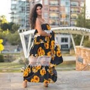 Altard State Maxi Dress Sunflower Print‎ Crochet Trim Strapless Boho S